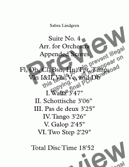 page one of Suite No. 4 Arr. for Orchestra Appended Scores I. Waltz, II. Schottische, III. Pas de deux, IV. Tango, V. Galop, and VI. Two Step