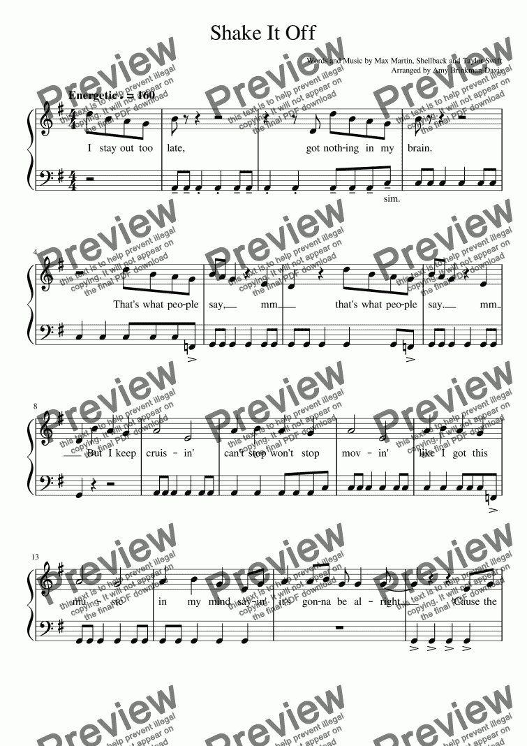 Shake It Off Easy Piano Solo Download Sheet Music PDF file