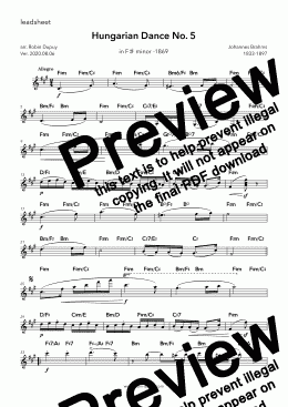 page one of Brahms - Hungarian Dance No. 5 in F# minor - Ungarische Tänze - Danses hongroises -Danze ungheresi - Macar Dansları-  ハンガリー舞曲 ヨハネス・ブラームス - 헝가리 무곡 - 匈牙利舞曲- Венгерские танцы (Брамс) -  PDF lead sheet Melody + chords