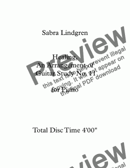 page one of Healing,  An Arrangement of Guitar Study No. 11 for Piano