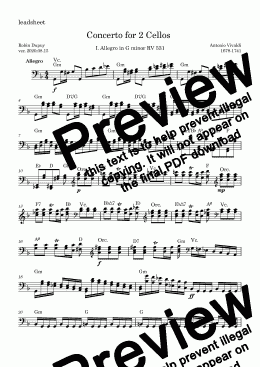 page one of Vivaldi - Concerto for 2 Cellos in Gm - I. Allegro in G minor RV 531 - Double concerto pour violoncelle - PDF lead sheet Melody + chords