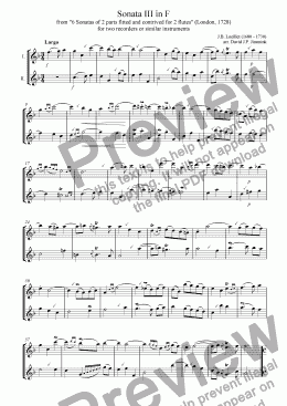 page one of Sonata III in F for two treble recorders