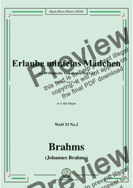 page one of Brahms-Erlaube mir,feins Mädchen,WoO 33 No.2,in A flat Major,for Voice&Pno