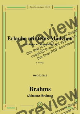 page one of Brahms-Erlaube mir,feins Mädchen,WoO 33 No.2,in A Major,for Voice&Pno 