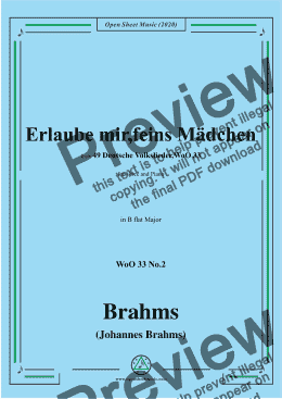 page one of Brahms-Erlaube mir,feins Mädchen,WoO 33 No.2,in B flat Major,for Voice&Pno 