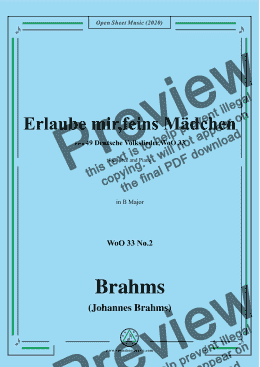 page one of Brahms-Erlaube mir,feins Mädchen,WoO 33 No.2,in B Major,for Voice&Pno 