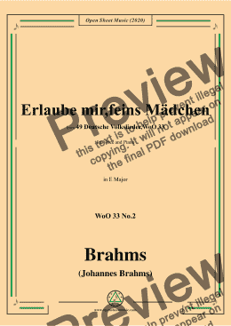 page one of Brahms-Erlaube mir,feins Mädchen,WoO 33 No.2,in E Major,for Voice&Pno