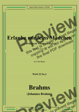 page one of Brahms-Erlaube mir,feins Mädchen,WoO 33 No.2,in E flat Major,for Voice&Pno