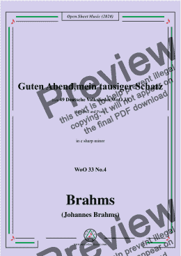 page one of Brahms-Guten Abend,mein tausiger Schatz,WoO 33 No.4,in c sharp minor,for Voice&Pno 