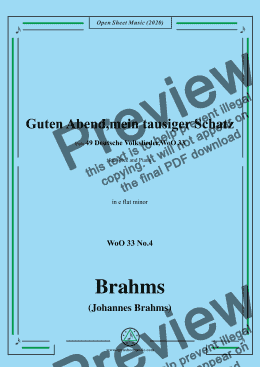 page one of Brahms-Guten Abend,mein tausiger Schatz,WoO 33 No.4,in e flat minor,for Voice&Pno 