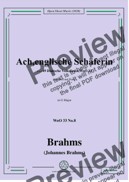 page one of Brahms-Ach,englische Schäferin,WoO 33 No.8,in G Major,for Voice and Piano