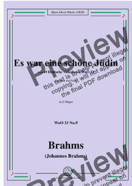 page one of Brahms-Es war eine schöne Jüdin,WoO 33 No.9,in E Major,for Voice and Piano 