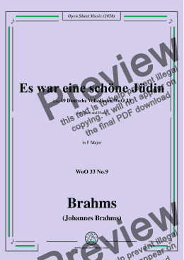 page one of Brahms-Es war eine schöne Jüdin,WoO 33 No.9,in F Major,for Voice&Piano 