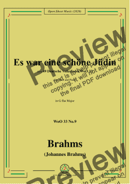 page one of Brahms-Es war eine schöne Jüdin,WoO 33 No.9,in G flat Major,for Voice&Piano 