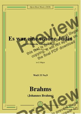 page one of Brahms-Es war eine schöne Jüdin,WoO 33 No.9,in G Major,for Voice&Piano