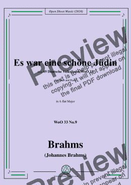 page one of Brahms-Es war eine schöne Jüdin,WoO 33 No.9,in A flat Major,for Voice&Piano 