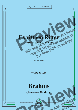 page one of Brahms-Es ritt ein Ritter,WoO 33 No.10,in e flat minor,for Voice and Piano 