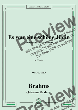 page one of Brahms-Es war eine schöne Jüdin,WoO 33 No.9,in C Major,for Voice&Piano 