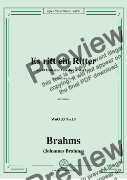 page one of Brahms-Es ritt ein Ritter,WoO 33 No.10,in f minor,for Voice and Piano 