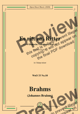 page one of Brahms-Es ritt ein Ritter,WoO 33 No.10,in f sharp minor,for Voice and Piano 