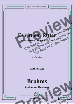 page one of Brahms-Es ritt ein Ritter,WoO 33 No.10,in a flat minor,for Voice and Piano