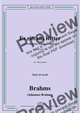 page one of Brahms-Es ritt ein Ritter,WoO 33 No.10,in c sharp minor,for Voice and Piano