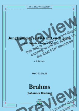 page one of Brahms-Jungfräulein,soll ich mit euch gehn,WoO 33 No.11,in B flat Major,for Voice&Pno 