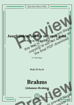 page one of Brahms-Jungfräulein,soll ich mit euch gehn,WoO 33 No.11,in E flat Major,for Voice&Pno 