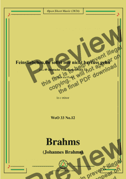 page one of Brahms-Feinsliebchen,du sollst mir nicht barfuss gehn,WoO 33 No.12,in c minor,for Voice&Pno 