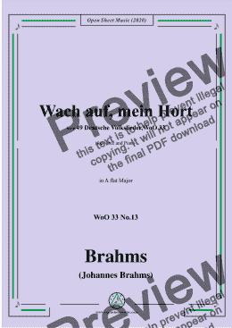 page one of Brahms-Wach auf,mein Hort,WoO 33 No.13,in A flat Major,for Voice and Piano