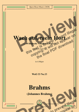 page one of Brahms-Wach auf,mein Hort,WoO 33 No.13,in A Major,for Voice and Piano 