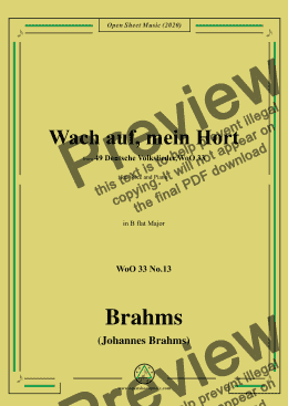 page one of Brahms-Wach auf,mein Hort,WoO 33 No.13,in B flat Major,for Voice and Piano 