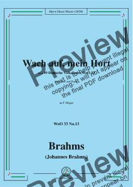 page one of Brahms-Wach auf,mein Hort,WoO 33 No.13,in F Major,for Voice and Piano 