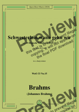 page one of Brahms-Schwesterlein,Schwesterlein,wann gehn wir,WoO 33 No.15,in c sharp minor,for Voice&Piano