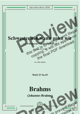 page one of Brahms-Schwesterlein,Schwesterlein,wann gehn wir,WoO 33 No.15,in a flat minor,for Voice&Piano