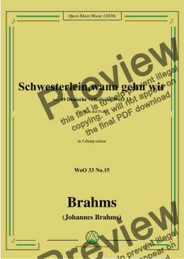 page one of Brahms-Schwesterlein,Schwesterlein,wann gehn wir,WoO 33 No.15,in f sharp minor,for Voice&Piano