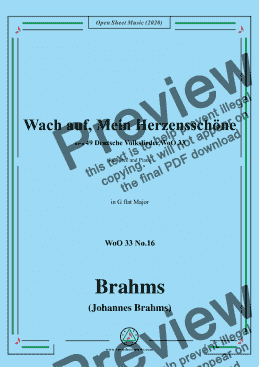 page one of Brahms-Wach auf,Mein Herzensschöne,WoO 33 No.16,in G flat Major,for Voice&Piano 