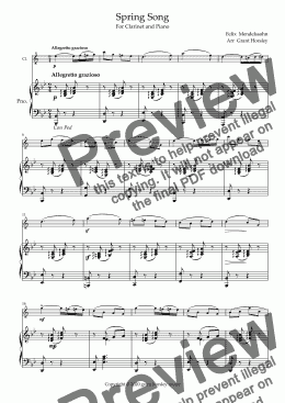 page one of "Spring Song" Mendelssohn- Clarinet and Piano- Early Intermediate