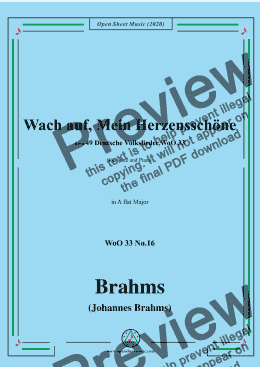 page one of Brahms-Wach auf,Mein Herzensschöne,WoO 33 No.16,in A flat Major,for Voice&Piano