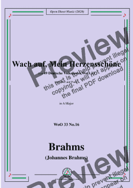 page one of Brahms-Wach auf,Mein Herzensschöne,WoO 33 No.16,in A Major,for Voice&Piano 