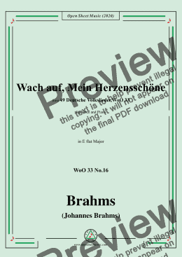 page one of Brahms-Wach auf,Mein Herzensschöne,WoO 33 No.16,in E flat Major,for Voice&Piano