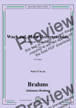 page one of Brahms-Wach auf,Mein Herzensschöne,WoO 33 No.16,in D Major,for Voice&Piano