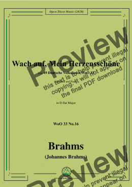 page one of Brahms-Wach auf,Mein Herzensschöne,WoO 33 No.16,in D flat Major,for Voice&Piano