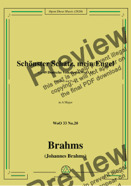 page one of Brahms-Schönster Schatz,mein Engel,WoO 33 No.20,in A Major,for Voice&Piano