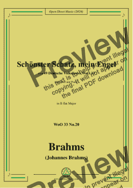 page one of Brahms-Schönster Schatz,mein Engel,WoO 33 No.20,in B flat Major,for Voice&Pno