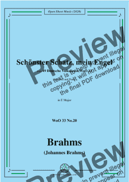 page one of Brahms-Schönster Schatz,mein Engel,WoO 33 No.20,in E Major,for Voice&Pno 