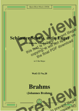 page one of Brahms-Schönster Schatz,mein Engel,WoO 33 No.20,in E flat Major,for Voice&Pno