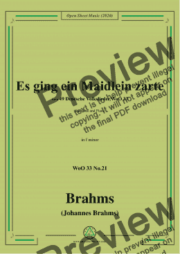 page one of Brahms-Es ging ein Maidlein zarte,WoO 33 No.21,in f minor,for Voice&Piano