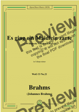 page one of Brahms-Es ging ein Maidlein zarte,WoO 33 No.21,in f sharp minor,for Voice&Piano