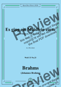 page one of Brahms-Es ging ein Maidlein zarte,WoO 33 No.21,in e flat minor,for Voice&Pno